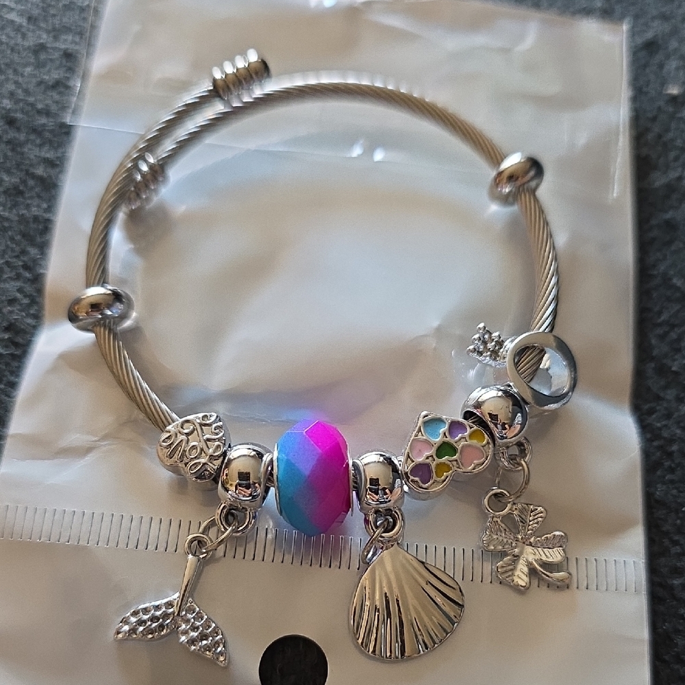 Silver Charm Bracelet with Multicolor Bead